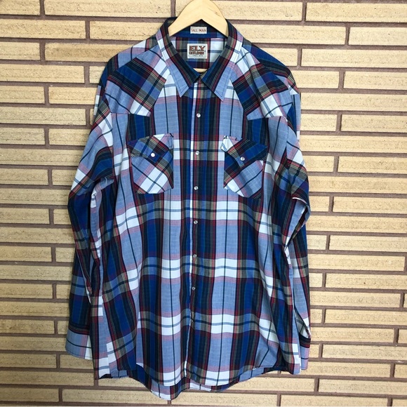 Men's Plaid Western Shirt - NEW -ELY Cattleman - Men's TALL - Chest 54 -XL Shirt - Picture 3 of 10